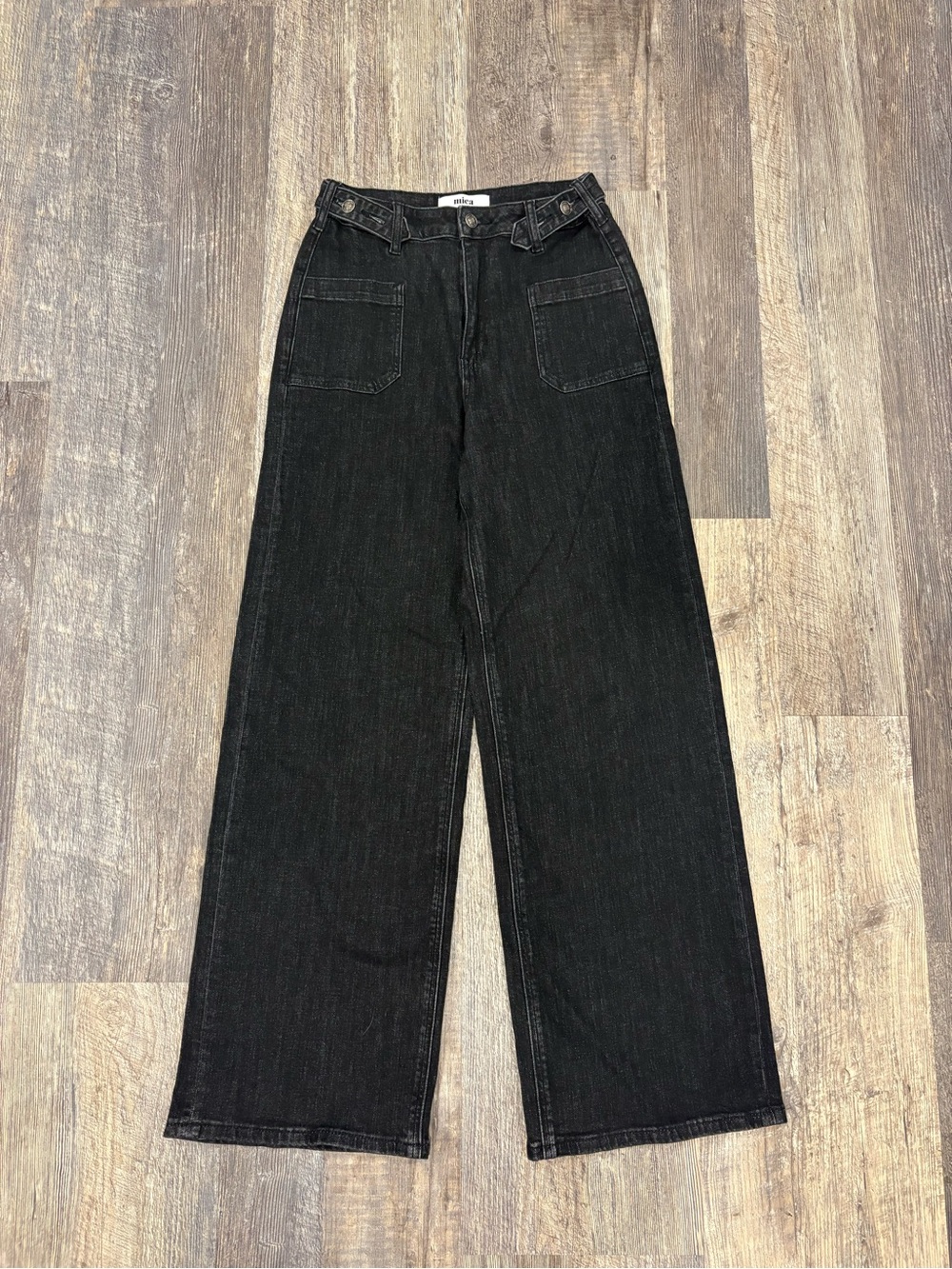 Mica Denim High-Rise Adjustable Button Waist Wide Leg Jeans Black - Size 27